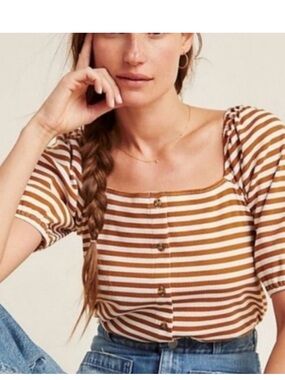 Anthropologie Porridge Striped Square Neckline Puff Sleeves Blouse Top Small